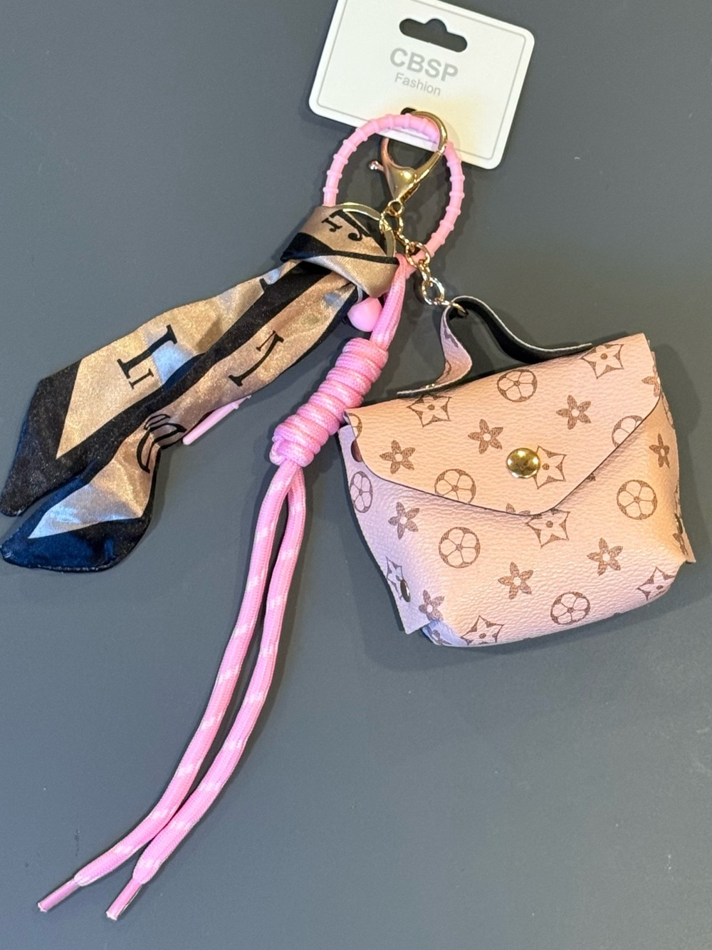 NWT Pink Mini Purse Bag Charm Keychain Scarf & Cord Accent